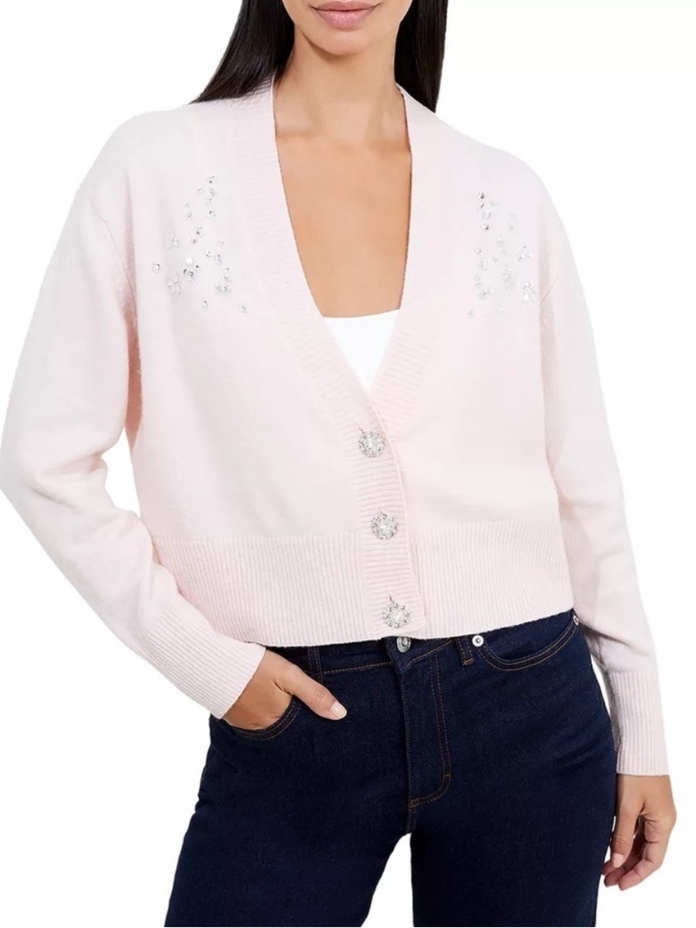 French Connection Pale Pink Crystal-Embellished V-Neck Cardigan